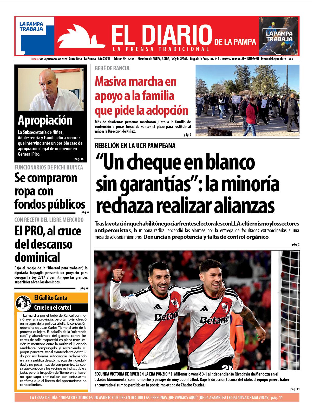 Tapa de El Diario en papel  lunes 07 de septiembre de 2026